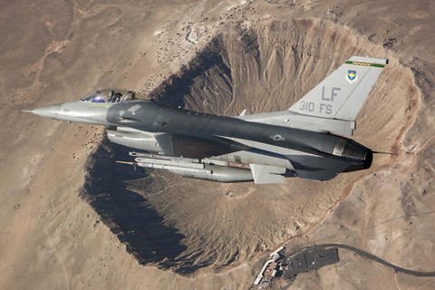 Framed F-16C Fighting Falcon flying above Arizona&#39;s Meteor Crater Print