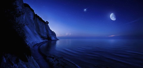 Framed Moon rising over tranquil sea and Mons Klint cliffs, Denmark Print