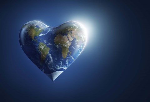 Framed Heart-shaped planet Earth on a dark blue background Print