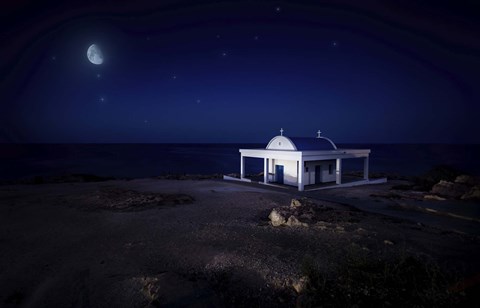 Framed small church at night with starry sky, Crete, Greece Print