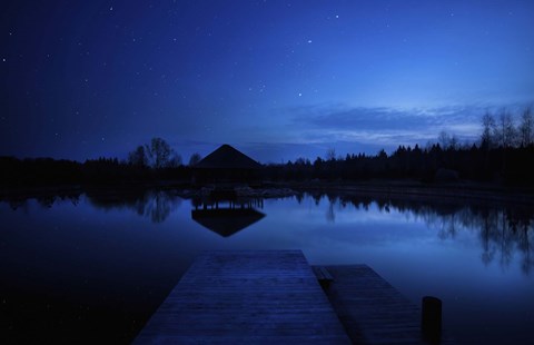 Framed small pier in a lake against starry sky, Moscow region, Russia Print