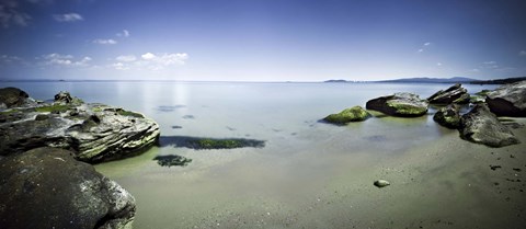 Framed Panoramic view of tranquil sea and boulders against blue sky, Burgas, Bulgaria Print