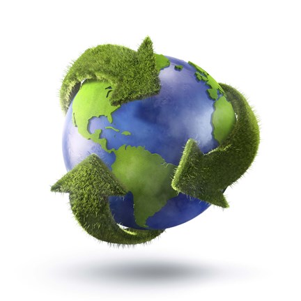 Framed 3D Rendering of planet Earth surrounded by grassy recycle symbol Print