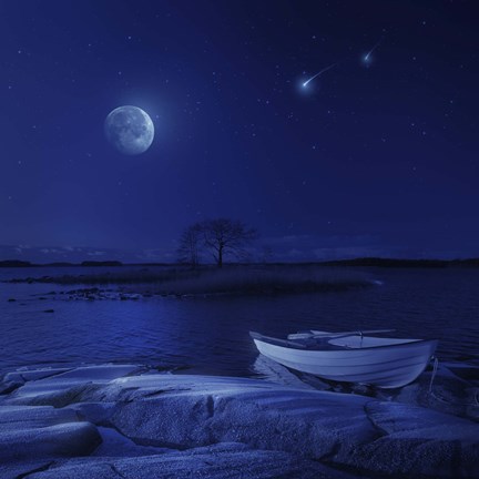 Framed boat moored near an icy stone in a lake against starry sky, Finland Print