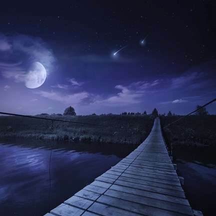 Framed bridge across the river at night against starry sky, Russia Print