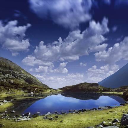 Framed Blue lake in the Pirin Mountains over tranquil clouds, Pirin National Park, Bulgaria Print