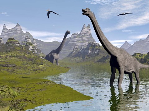 Framed Brachiosaurus dinosaurs walking in a stream on a beautiful day Print