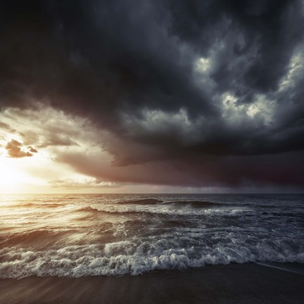 Framed Bright sunset against a wavy sea with stormy clouds, Hersonissos, Crete Print