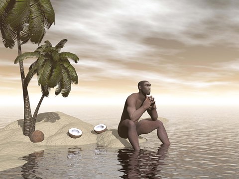 Framed Male Homo Erectus sitting alone on a beach island next to coconuts Print