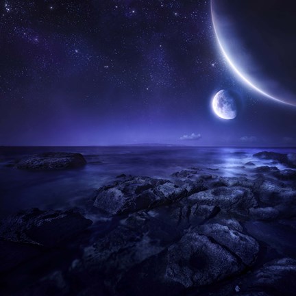 Framed Nearby planets hover over the ocean on this world at night Print