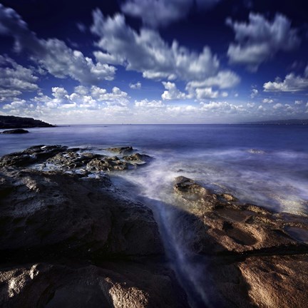 Framed Rocky shore and tranquil sea, Portoscuso, Sardinia, Italy Print