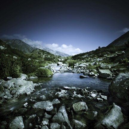 Framed Small river flowing through big stones in Pirin National Park, Bulgaria Print