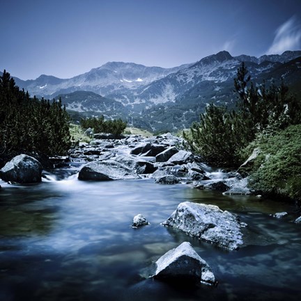 Framed Small river flowing through the mountains of Pirin National Park, Bulgaria Print