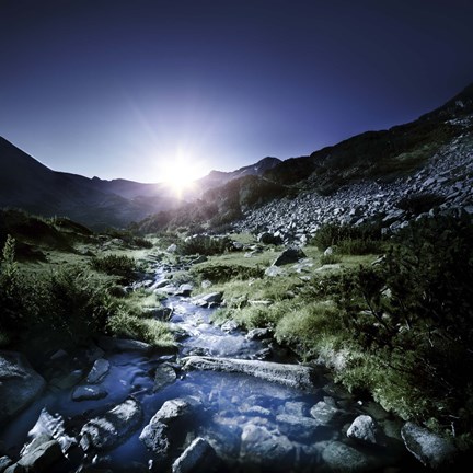 Framed Small stream in the mountains at sunset, Pirin National Park, Bulgaria Print