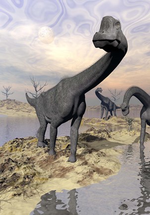 Framed Brachiosaurus dinosaurs near water with reflection by sunset and full moon Print