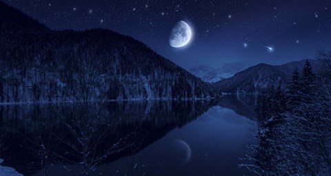 Framed Moon rising over tranquil lake in the misty mountains against starry sky Print