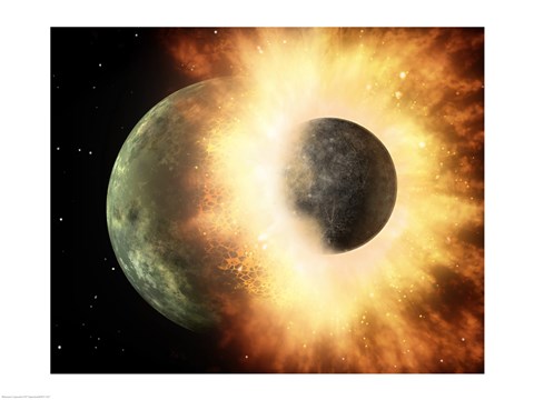 Framed Concept  of our moon slamming at great speed into a body the size of Mercury Print