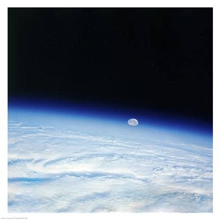 Framed Outer space shot of storm system in early stage of formation with moon in background Print