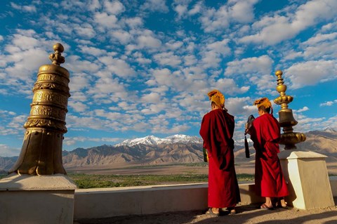 Framed Monks playing horns at sunrise, Thiksey Monastery, Leh, Ledakh, India Print
