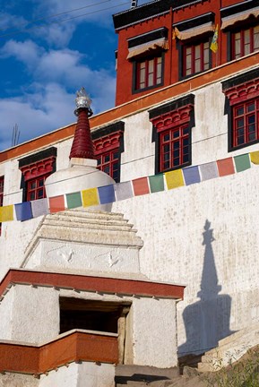 Framed Prayer flags and a chorten at Thiksey Monastery, Leh, Ladakh, India Print