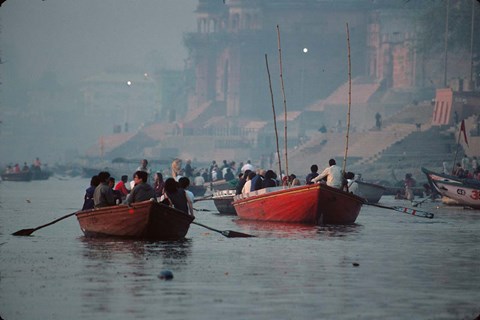 Framed Boats in the Ganges River, Varanasi, India Print