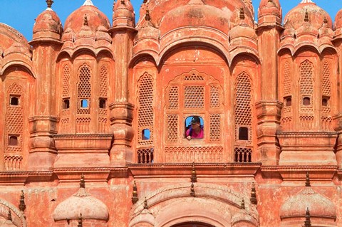 Framed Tourist by Window of Hawa Mahal, Palace of Winds, Jaipur, Rajasthan, India Print