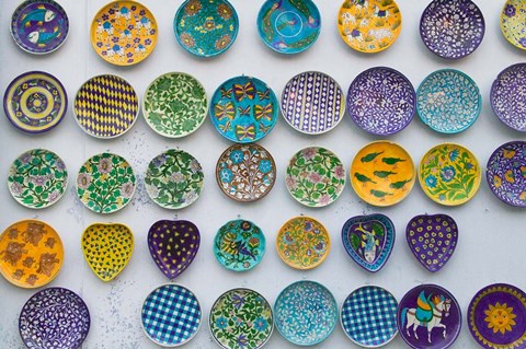 Framed Pottery Dish Decoration on Wall, Jaipur, Rajasthan, India Print