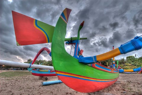 Framed Outrigger boats, called jukungs, on beach, Bali, Indonesia Print