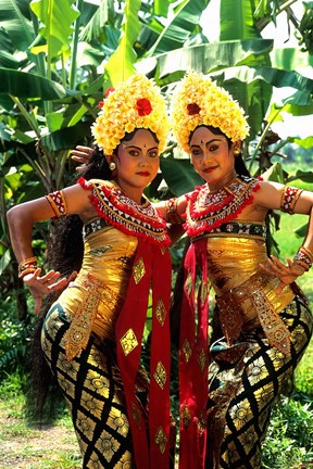 Framed Golden Dancers in Traditional Dress, Bali, Indonesia Print