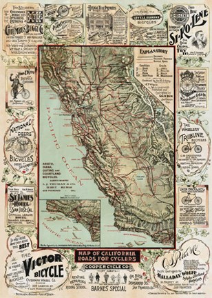 Framed Map of California Roads for Cyclers, 1896 Print