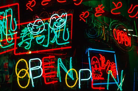 Framed Neon Signs For Sale in Dotombori District Market, Osaka, Japan Print