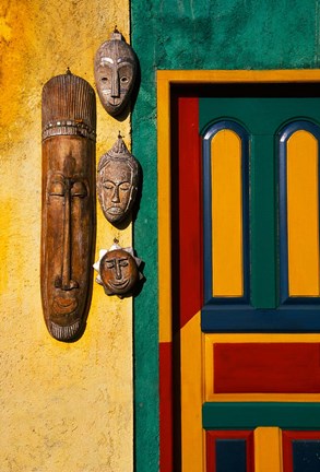 Framed Decorated Door with Handcrafted Masks in Ubud, Bali, Indonesia Print