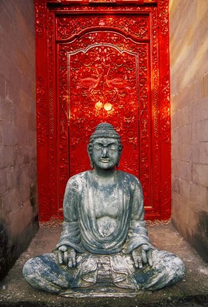 Framed Buddha at Ornate Red Door, Ubud, Bali, Indonesia Print