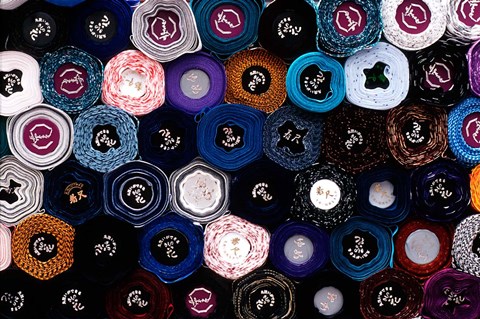 Framed Close-up of Fabric Rolls in Akasaka District of Tokyo, Japan Print