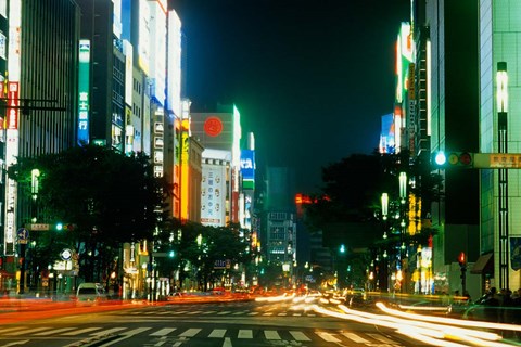 Framed Expensive Shopping District with Night Traffic, Ginza Area, Tokyo, Japan Print