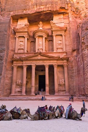 Framed Camels at the Facade of Treasury (Al Khazneh), Petra, Jordan Print