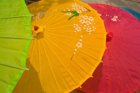 Framed Birghtly Colored Parasols, Bulguksa Temple, Gyeongju, South Korea Print