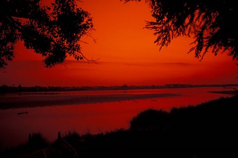 Framed Sunset on Mekong River and Boats, Laos Print