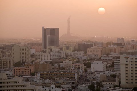 Framed Qatar, Ad Dawhah, Doha. Aerial View of Dowtown / Sunset Print