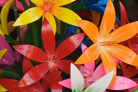 Framed Star shaped carved wooden flowers at market, Bo Sang, Chiang Mai, Thailand Print