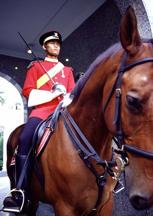 Framed Malaysia, Kuala Lumpur: a mounted guard stands in front of the Royal Palace Print