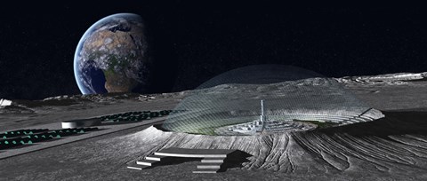 Framed domed crater is home to a lunar city Earth rises in the background Print