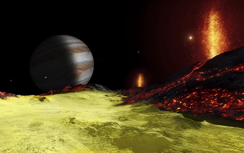 Framed Volcanic activity on Jupiter&#39;s moon Io, with the planet Jupiter visible on the horizon Print