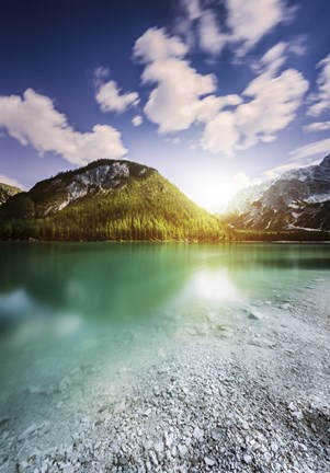 Framed Sunset at Lake Braies and Dolomite Alps, Northern Italy Print