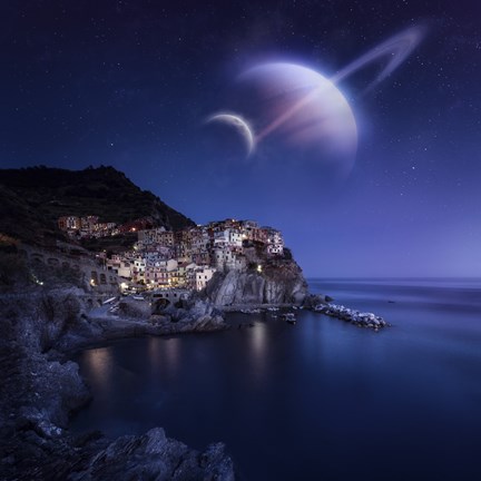 Framed View of Manarola on a starry night with planets, Northern Italy Print