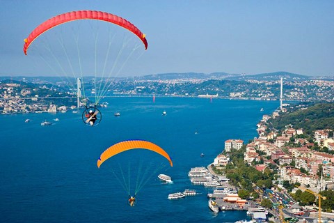 Framed Paragliding, Extreme sport, Bosphorus, Istanbul, Turkey Print