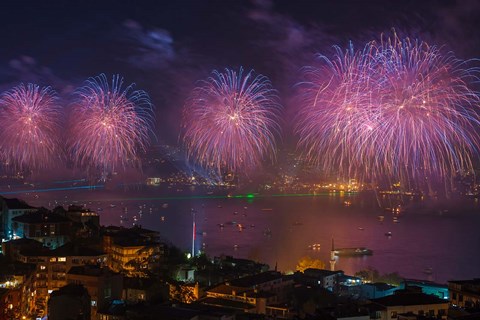 Framed Fireworks over the Bosphorus, Istanbul, Turkey Print