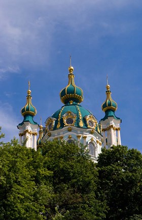 Framed Beautiful Dome Church, Klovskiy Spusk Downtown, Kiev, Ukraine Print