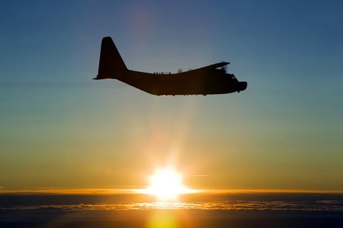 Framed Silhouette of a MC-130H Combat Talon at Sunset, East Anglia, UK Print