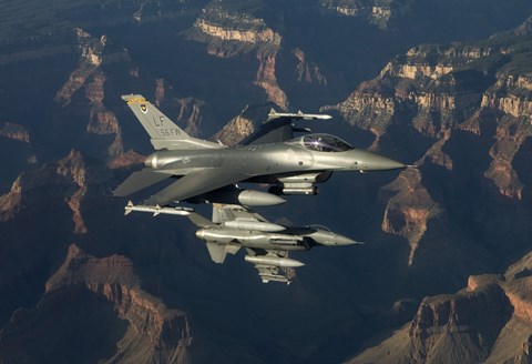 Framed Two F-16's fly over the Grand Canyon, Arizona Print